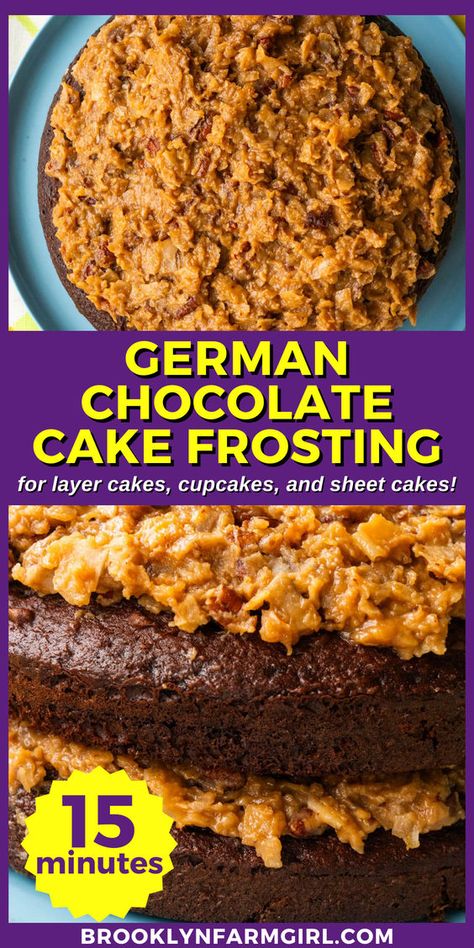 This Classic German Chocolate Cake frosting for German chocolate cake is made from scratch and ready in just 15 minutes. Made with evaporated milk, brown sugar, coconut and pecans, this thick frosting is the best! This simple frosting recipe will frost 10-inch cakes, 24 cupcakes, or a sheet cake. Skip the store-bought frostings and make this homemade cake frosting instead. Great for birthdays, potlucks, bake sales or any special occasion dessert request. Frosting For German Chocolate Cake, Frosting For Chocolate Cake, Simple Frosting Recipe, Homemade Cake Frosting, German Chocolate Icing, Frosting From Scratch, German Chocolate Cake Frosting, Simple Frosting, German Chocolate Frosting