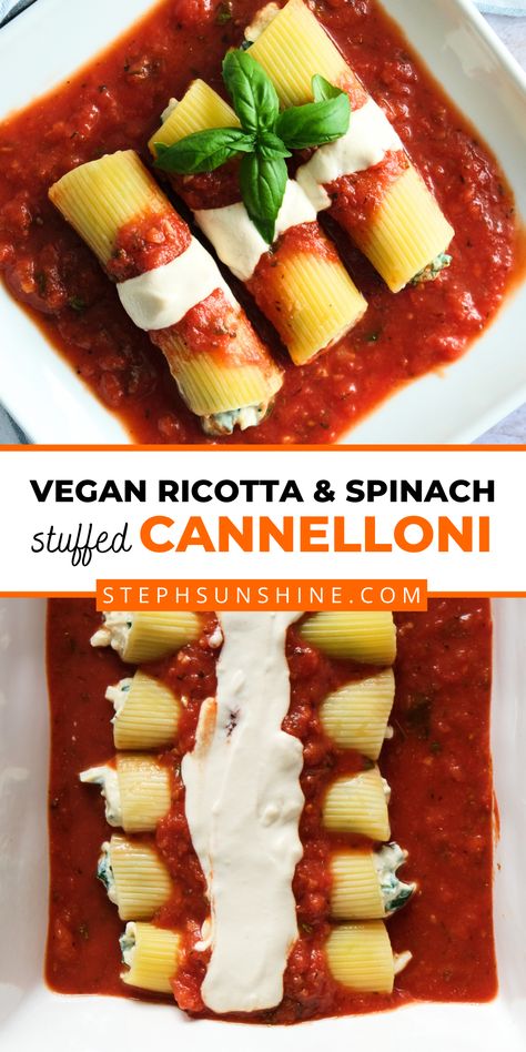 Vegan spinach ricotta cannelloni on a plate (top) and in a casserole dish (bottom); text says, "vegan ricotta & spinach stuffed cannelloni." Yummy Vegan Dinners, Fancy Dinner Recipes Vegetarian, Amazing Vegan Recipes, Great Vegetarian Recipes, Soy Free Vegan Recipes, Winter Vegetarian Meals, Vegan Cannelloni, Fancy Vegan Dinner, Healthy Vegetables Recipes