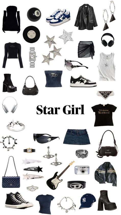 Rockstar Aesthetic Outfits, Silver Outfits, Rockstar Aesthetic, Star Clothing, Fashion Aesthetics, Tv Girls, Blue Outfit, Cute Simple Outfits, Star Girl