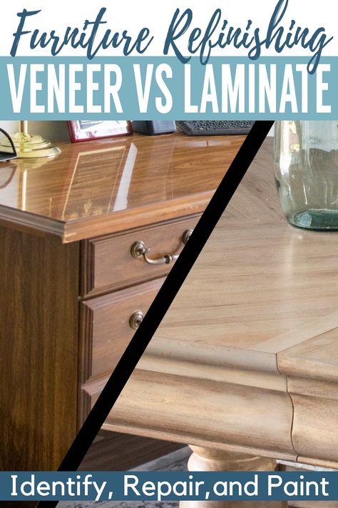 A desk made of laminate wood and a table made of veneer with text label. Repainting Laminate Furniture, How To Refinish Veneer Furniture, Painting Over Veneer Furniture, Painting Wood Veneer Furniture, How To Paint Veneer Furniture, Refinishing Veneer Furniture, How To Paint Laminate Furniture, Painting Veneer Furniture, Refinishing Laminate Furniture