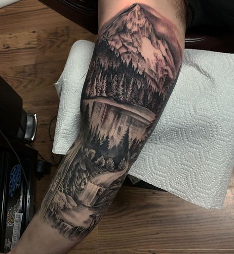 Tony Ritter on Instagram: “Lost lake scene, finished today. Top fresh bottom healed.” Lake Sleeve Tattoo, River Tattoo Ideas, River Tattoo, Lake Tattoo, Woodcut Tattoo, Type Tattoo, Lake Scene, Human Personality, The Dark One