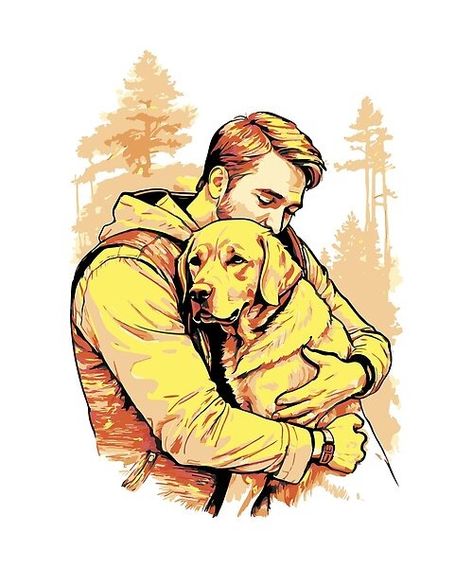 Feel the love with our heartwarming illustration of a man hugging a dog in a serene forest setting. This touching and emotional artwork captures the deep bond between humans and their pets. Emotional Artwork, Man Hug, Man Vector, Man Illustration, Dog Sketch, Man And Dog, Dog Eyes, Man Images, Dog Illustration