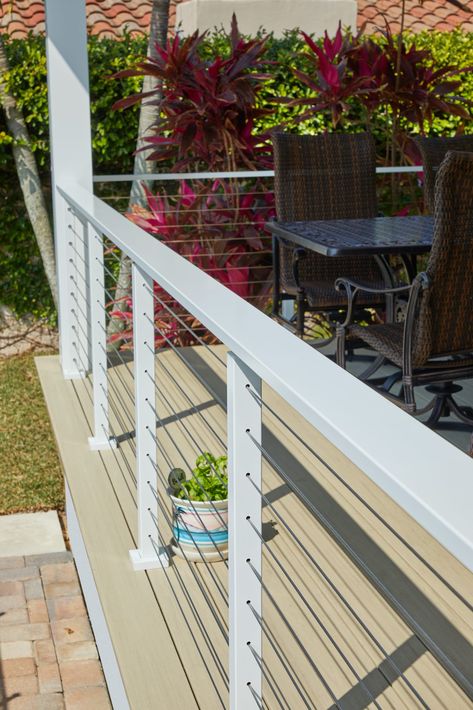 Cable Railing with a Beverage Handrail - Viewrail Deck Handrails Railing Ideas, Wired Porch Railing, Vertical Cable Deck Railing Ideas, Beach House Railing Exterior, Cable Railings For Decks, Outdoor Cable Railing, Decking Handrail Ideas, Farmhouse Deck Railing, White Cable Railing