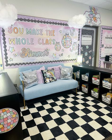 Classroom library inspiration! This is such a dreamy and cozy space! 😍☁️🪩 #classroomlibrary #classroomlibrarygoals #librarydesign #classroominspiration #classroomdecor #classroomideas #classroomtheme #classroomsetup #teachersfollowteachers #teachertribe #pastelclassroom Birthday Door Decorations Office, You Make The Whole Class Shimmer, Groovy Disco Classroom Theme, Retro Aesthetic Classroom, Daycare Classroom Decor Themes, Canopy Classroom, Cute Classroom Door Ideas, Preppy Classroom Decor, Simple Classroom Decor Elementary