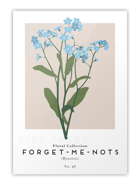 Modern minimalist Forget-Me-Nots botanical poster influenced by exhibition art - No. 046. Posters For Wall Bedroom Aesthetic, Poster Prints Blue, Minimalistic Posters, Taupe Wallpaper, Printable Wall Collage, Poster Flower, Butterfly Art Painting, Pastel Poster, Exhibition Art