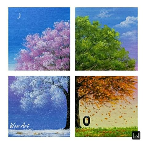 Four Seasons Acrylic Painting, 4 Season Painting Canvases, 4 Seasons Acrylic Painting, Changing Seasons Art, Season Painting Ideas, Season Tree Painting, 4 Seasons Painting, Painting Seasons, Four Seasons Painting