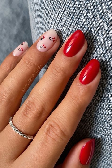 Get ready to make a bold style statement this summer with stunning red nails that exude confidence and beauty. Cute Short Red Nails, Red Nails With Cherries, Short Cherry Nails, Pink And Red Nail Designs, Nails With Cherries, Nude Pink Nails, Short Red Nails, Nails Short Square, Cherry Nails