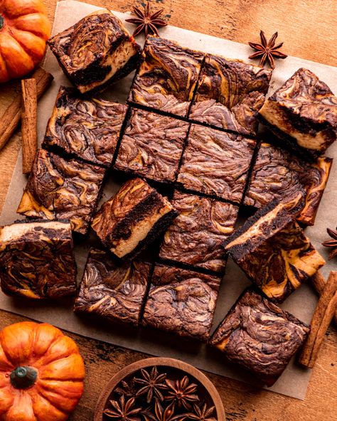 The History Of Halloween, Pumpkin Cheesecake Brownies, History Of Halloween, In Bloom Bakery, Bloom Bakery, Pumpkin Cream Cheese Pie, Baking Lessons, Fall Eats, Pumpkin Brownies