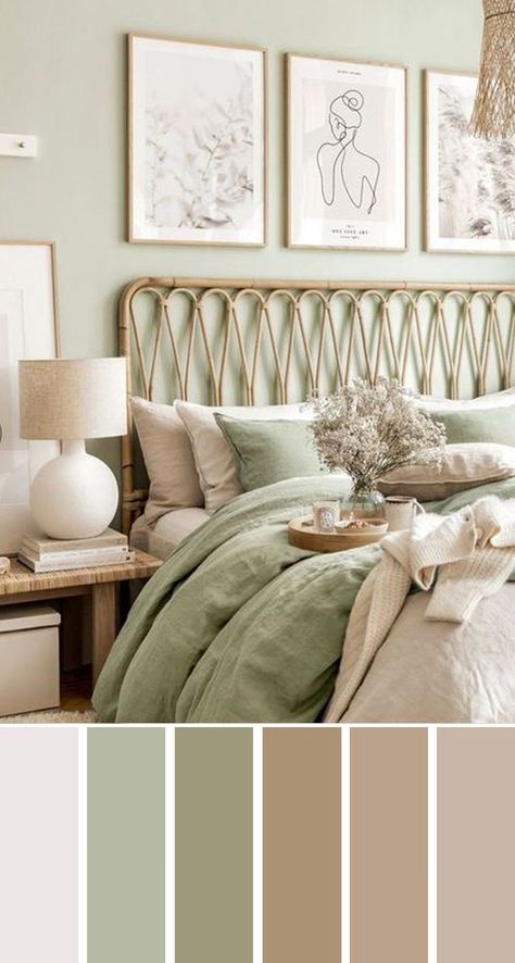 Cream And Green Bedroom, Light Sage Green Bedroom, Sage Bedroom, Rattan Bedroom, Green Room Decor, House Bedroom Ideas, Sage Green Bedroom, Oak Bedroom, Luxury Bedroom Design