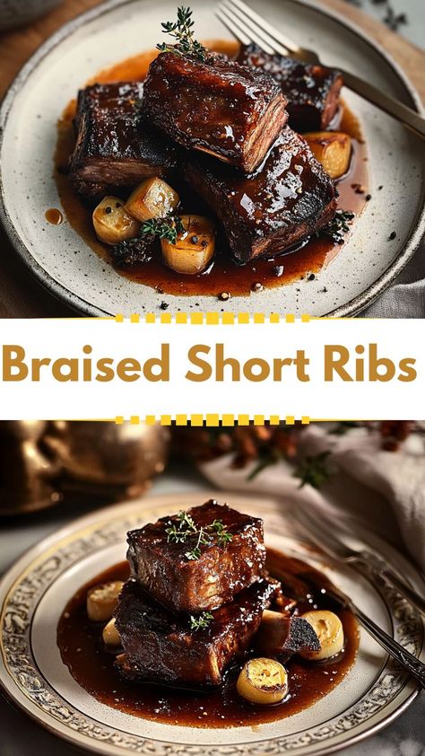 Discover the ultimate winter dinner recipe with these braised short ribs! A perfect Friendsgiving food idea, this dish combines tender beef with rich, savory flavors for a meal everyone will love. Whether you're hosting a big gathering or a cozy dinner, this recipe is a must-try for warming up your winter evenings. Short Rib Beef Bourguignon, Beef Short Ribs Dinner Ideas, Valentines Day Meals Romantic Dinners, Short Ribs Recipe Oven, Warm Winter Meals, Short Rib Poutine, Big Family Dinner Ideas, Short Rib Recipes Oven, Yule 2024