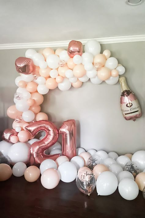 Rose gold pink balloon arch 21 birthday 21st champagne rose bubbly popping pop party decorations confetti 21st Birthday Decorations Balloons, 21st Bday Pink Decorations, Champagne Birthday Balloons, Pink Champagne Balloon Decor, Champagne Pink Birthday Party, Rose Gold Champagne Birthday Party, 21st Birthday Rose Gold Theme, Classy 21st Birthday Decorations, 21st Birthday Ideas Pink And Gold