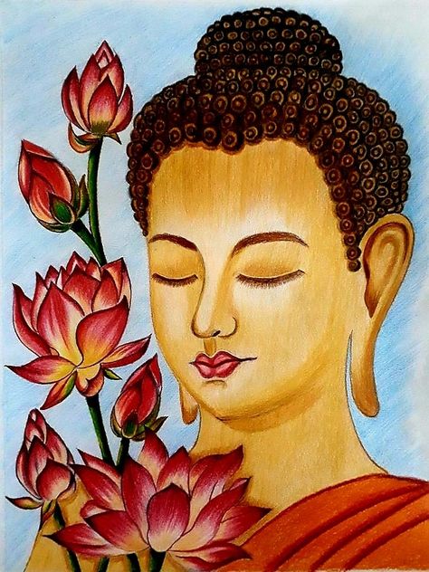 Budha Painting On Canvas, Pencil Color Art, Penting Art, Buddha Sketch, Buddha Canvas Art, Painting Buddha, Buddha Painting Canvas, Ganesh Art Paintings, Buddha Art Drawing