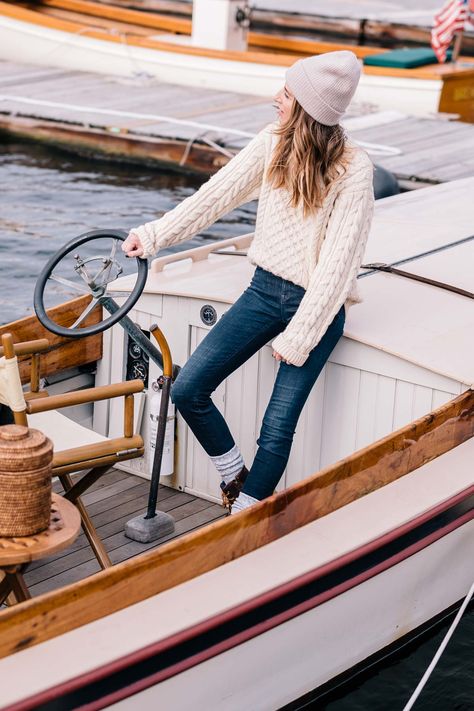 Jess Ann Kirby wears sperry boots and an LL Bean fisherman sweater with a cashmere beanie to weather New England in the fall Ll Bean Fisherman Sweater Outfit, Llbean Sweater Outfit, Winter Boat Ride Outfit, Nautical Fall Outfits, Cape Cod Winter Outfit, Fall Boating Outfit, New England Outfit Aesthetic, Winter Boating Outfit, How To Style Duck Boots