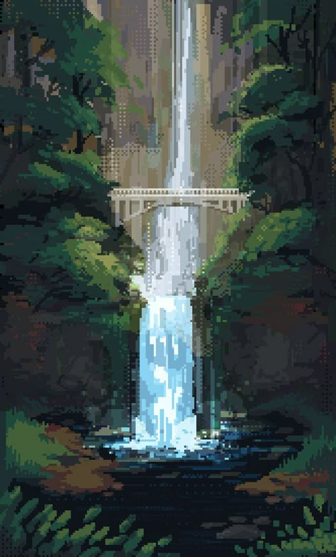 Pixel Art Landscape, Piskel Art, 8 Bit Art, Pixel Art Background, Pixel Art Tutorial, Arte 8 Bits, 8bit Art, Multnomah Falls, Cool Pixel Art