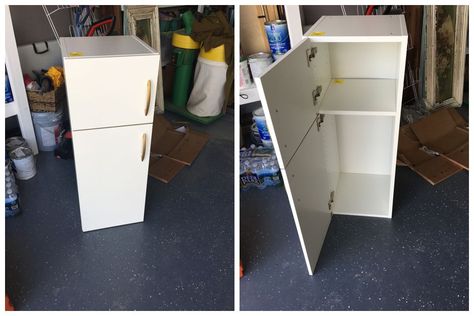 started with the “refrigerator.” First I decided on how tall I wanted each door to be to give it that traditional fridge look. Ikea Toy Fridge Hack, Diy Toy Fridge, Diy Play Fridge For Kids, Ikea Play Kitchen Fridge, Play Fridge Diy, Ikea Toy Kitchen Hack, Ikea Fridge, Ikea Duktig Hack, Ikea Toy Kitchen