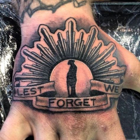 Anzac Tattoo Ideas, Australian Tattoo Men, Anzac Tattoo Design, Anzac Tattoo, Lest We Forget Tattoo, Tattoo Wisdom, Army Silhouette, Military Sleeve Tattoo, Rising Sun Tattoos