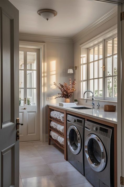 Architectural Digest Laundry Room, Laundry Room With Tall Ceilings, Laundry Room Studio Mcgee, Utility Room With Window, Scullery With Laundry, Laundry Ideas Organization, Laundry Room Modern Farmhouse, Modern Cottage Laundry Room, European Farmhouse Laundry Room