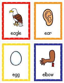 Things that start with e are eagle, ear, egg, elbow, elephant, elf, envelope & eraser - & those are the words on these cards! Great for beginning sounds. Science Worksheets For Kindergarten, Preschool Weekly Themes, Alphabet Word Wall Cards, Preschool Alphabet Printables, Alphabet Word Wall, Letter Flashcards, Letter Worksheets For Preschool, Phonics Flashcards, Vocabulary Flash Cards