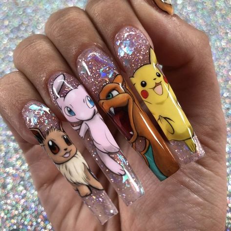 Fall Character Nails, Spongebob Halloween Nails, Pokemon Nails Acrylic, Character Art Nails, Pokemon Nails Designs, Scooby Doo Nails, 90s Cartoon Nails Acrylic, Spongebob Nail Art, Pokemon Nail Art