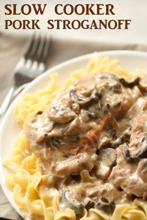 Slow Cooker Pork Stroganoff | Six Sisters' Stuff Six Sisters Stuff Recipes Slow Cooker, Slow Cooker Pork Stroganoff, Pork Stroganoff Recipes Mushroom Soup, Slow Cooker Pork Casserole, Pork And Noodles Slow Cooker, Pork Stroganoff Crockpot, Cubed Pork Recipes Slow Cooker, Pork Cutlets Crockpot, Pork Stroganoff Recipes