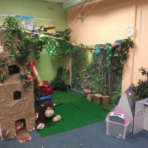 Animal Habitat Classroom Decor, Animal Area Childcare, Childcare Room Themes, Rainforest Dramatic Play Preschool, Rainforest Dramatic Play, Forest Animals Theme, Childcare Rooms, Rainforest Theme, Outdoor Learning Spaces