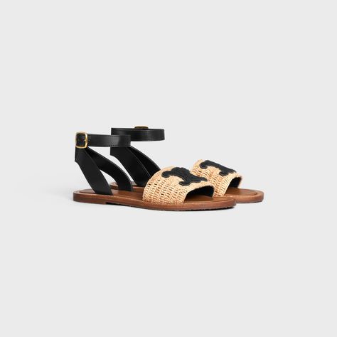 LYMPIA FLAT STRAP SANDAL IN RAFFIA & CALFSKIN - BEIGE / BLACK | CELINE Celine Sandals, Gerard Darel, Dramatic Classic, Paris Shopping, Sandals Flat, Handbags Leather, Needle Point, Old Money Style, New Fragrances