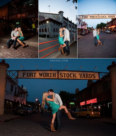 Fort Worth Stockyards Engagement Photo Session - couple kissing in front of the Stock Yards sign on the street - photo by Vanja D Photography www.vanjad.com Fort Worth Stockyards Photography, Fort Worth Photography, Stockyards Photoshoot, Stockyard Photoshoot, Fort Worth Stockyards Photoshoot, Fort Worth Stockyards, Western Engagement, Creative Shot, Fort Worth Wedding