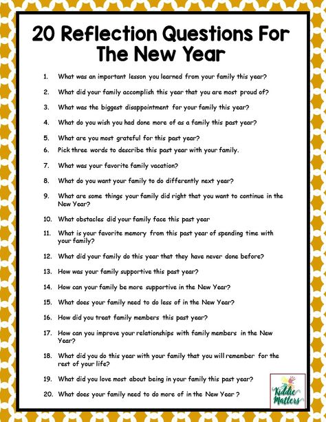 New years is the time to reflect and set goals for the upcoming year.  These reflection questions will help your family think about what progress they have made and what areas they can still improve on. New Years Eve Traditions, Kids New Years Eve, New Year's Eve Activities, New Years Eve Day, New Years Eve Games, New Year's Games, New Year Resolution, New Years Traditions, New Years Activities