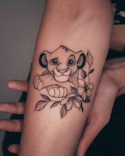 Lion King Tattoo. Disney Tattoos Characters, Girly Disney Tattoos, Lion King Tattoos For Women, Hand Tattoos For Women Disney, Simba Lion King Tattoo, Lion King Inspired Tattoos, Disney Sleeve Tattoos For Women, Small Lion King Tattoo For Women, Disney Animal Tattoo Ideas