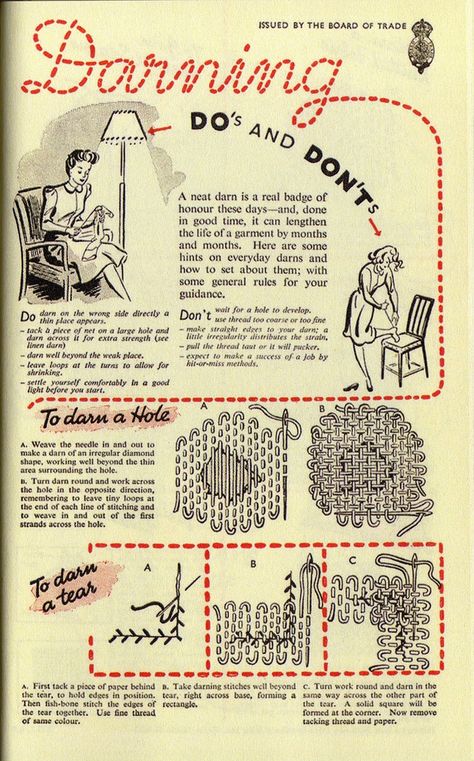 Darning Tips for mending I'd place a self fabric patch (or as closes as possible) behind the mend instead of paper.... Also good for machine mend / darning. Mending Clothes, Make Do And Mend, Sew Ins, Visible Mending, Repair Clothes, 자수 디자인, Knitting Techniques, Sewing Basics, Sewing Techniques