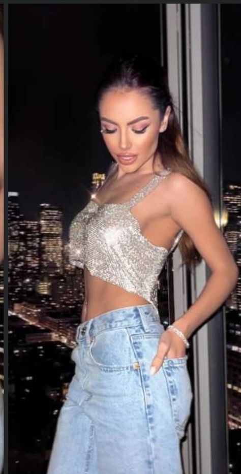 Silver Sparkly Top Outfit, Silver Crop Top Outfit, Silver Chain Top, Chainmail Top Outfit, Silver Top Outfit, Silver Top, Cowl Neck Top Outfit, Sparkly Top Outfit, Silver Crop Top