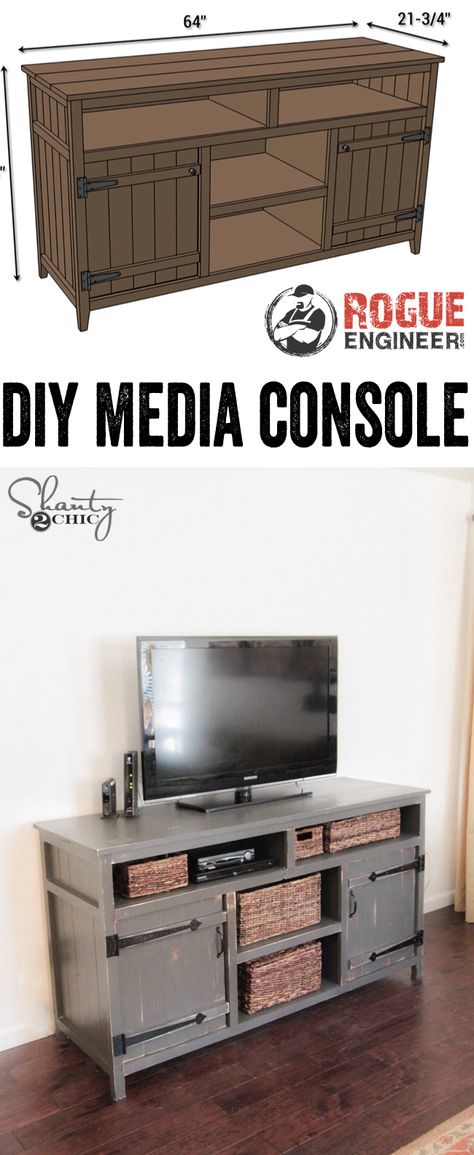 LOVE this DIY Media Console! Free Plans and tutorial! www.shanty-2-chic.com Diy Media Console, Pallet Furniture Tv Stand, Furniture Tv Stand, Diy Furniture Tv Stand, Tv Consoles, Diy Tv Stand, Diy Tv, Diy Holz, Free Plans