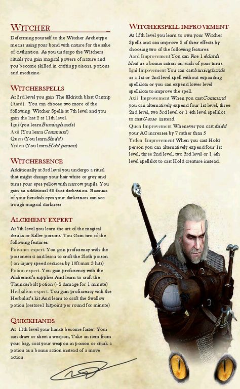 Ranger archetype d&d 5e based on the witcher 3 (Mikis van der Linden) ;) Witcher Dnd 5e, Dnd Witcher Homebrew, Witcher Dnd, Ranger Archetype, Rogue Archetypes, Dnd Archetypes, Homebrew Classes, Dnd Board, Dungeons And Dragons Rules