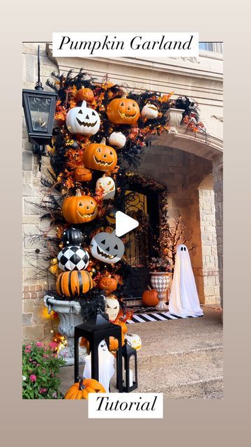 Macy Blackwell on Instagram: "Pumpkin Garland DIY!🎃 No base this year! Also, no damage to your home!👏🏼 We used chicken wire attached to heavy duty hooks, added garlands, lights, and of course, jack-o-lanterns! 

Comment SHOP below to receive a DM with the link to shop this post on my LTK ⬇ https://liketk.it/4SdBf 

#pumpkingarland #halloweenideas #halloweenporch #halloweendecor #halloweendiy" Diy Pumpkin Arch, Pumpkin Garland Diy, Macy Blackwell, Halloween Board, Holiday Decor Halloween, Pumpkin Garland, Garland Diy, Halloween Garland, Halloween Wreaths