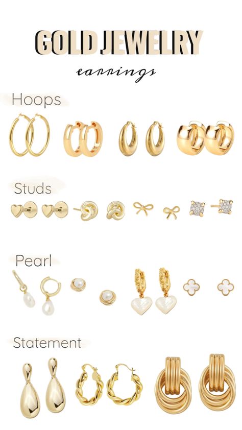 Gold, Earrings, Inspo, Jewelry, Capsule Wardrobe, Fashion Gold Earrings Pack, Gold Jewelry Capsule, Gold Jewelry Old Money, How To Wear Earrings, Capsule Jewelry Collection, Basic Jewelry Essentials, Jewelry Capsule Wardrobe, Classic Jewelry Essentials, Every Jewels