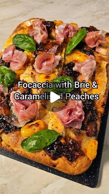 Peach Focaccia With Thyme, Tomato Sauce Foccacia Bread, Pear Prosciutto And Brie Flatbread, Cherry Tomato Focaccia, Peach Proscuitto Flatbread, Focaccia Recipe, Brie Cheese, Focaccia Bread, Baby Spinach