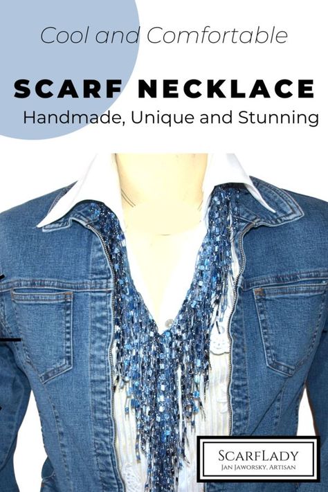 4d6e4749289c4ec58c0063a90deb3964desc33297856ri Loft Fashion, Beaded Scarf, Blue Statement Necklace, Denim Jewelry, How To Wear A Scarf, Diy Scarf, Scarf Necklace, Denim Crafts, Chunky Jewelry