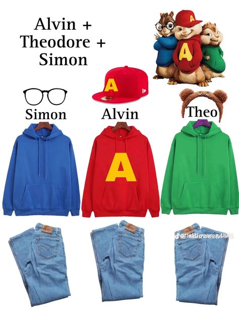 Theodore Chipmunk Halloween Costume, Chipmunk Diy Costume, Alvin And The Chipmunks Hairstyle Ideas, Alvin And Theodore Costume, The Chipmunks Halloween Costumes, Trio Halloween Costumes Alvin And The Chipmunks Aesthetic, Alive And The Chipmunks Costumes, 3 People Halloween Costumes Alvin And The Chipmunks, Alvin And The Chipmunks Halloween Outfit