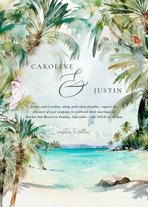 vintage wedding invitations watercolor tropical beach wedding invitation watercolor wedding stationery bespoke invitations watercolor ocean seaside shore jamaica punta cana aqua coastal destination wedding beach wedding hawaii florida aruba palm trees vintage tropical wedding hibiscus floral flowers #fyp Zazzle Invitations Wedding, Tropical Vintage Wedding, Tropical Wedding Invitations Elegant, Vintage Tropical Wedding, Tropical Wedding Invite, Beach Wedding Invitations Ideas, Hawaii Themed Wedding, Island Invitation, Hawaii Wedding Flowers