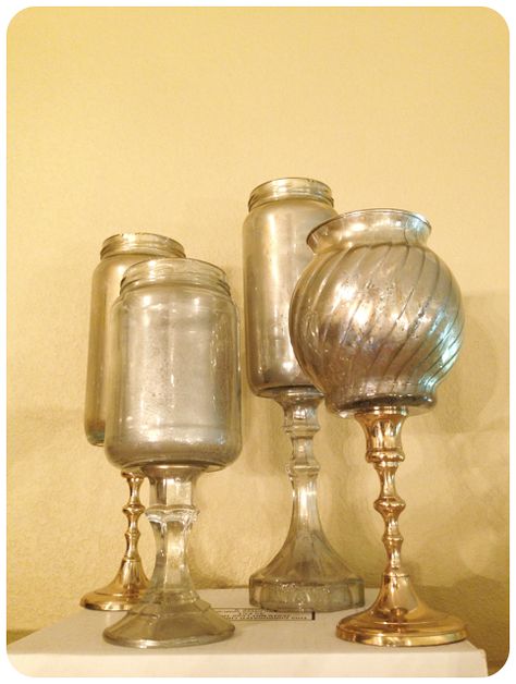 Mercury Glass Candlesticks, Mason Jar Wine Glass, Glass Candlesticks, Mercury Glass, Decor Crafts, My Blog, Wine Glass, Mason Jars, Craft Ideas