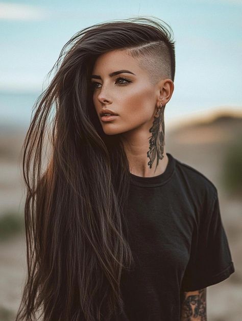 Long Hair with Shaved Sides: The Ultimate Guide to Edgy and Elegant Hairstyles Undercut Hairstyles For Long Hair, One Side Head Shaved Hairstyles, Braids On Top Of Head Shaved Sides, Long Bob With Undercut Shaved Sides, Side Shave Long Hair Women, Undercut Fade Women Long Hair, Long Hair Shaved Sides Female Viking, Undercut On Long Hair, Women’s Undercut Long Hair