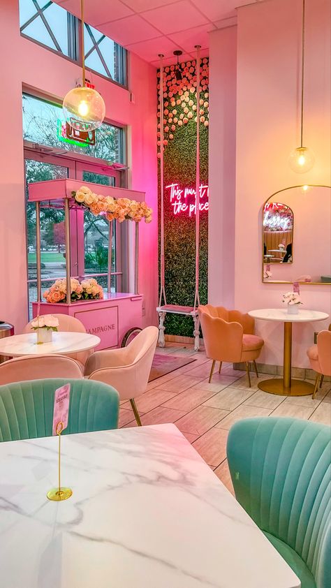 #dulce #brunch #aesthetic #foodie #cafe #coffee #churros #pink #adventures #explore #destination #food #travel Cafe Aesthetics, Pink Cafe, Bakery Design Interior, Pastel Interior, Led Decoration, Cafe Shop Design, Home Decor Blog, Restaurant Ideas, Lunch Room