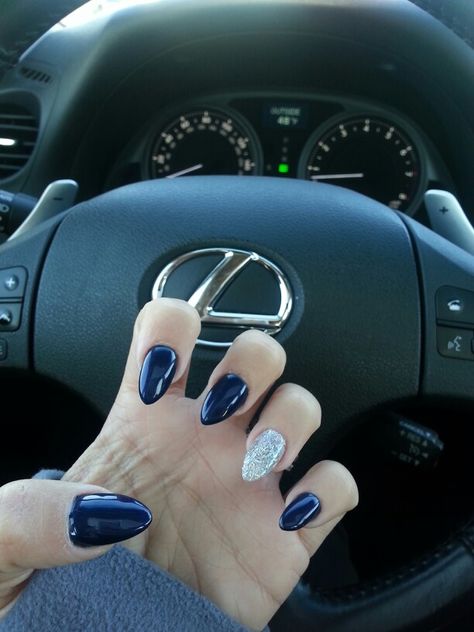 My nails. #Navy #Glitz #Stiletto Wedding Nails Navy Blue, Nails Navy Blue, Nails Navy, Blue Prom Nails, Future Nails, Blue And Silver Nails, Hoco Nails, Navy Nails, Blue Glitter Nails