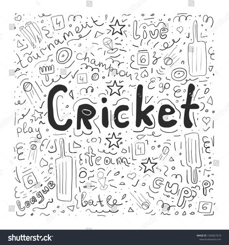 illustration of cricket championship sports. Hand drawn doodle with cricket elements. black line vector illustration isolated on white background #Ad , #ad, #Hand#drawn#doodle#sports Background Drawing Ideas Doodles, Cricket Drawing Ideas, Cricket Journal Ideas, Cricket Sketch Drawing, Cricket Drawing Sport, Cricket Illustration Sport Art, Cricket Doodle Art, Cricket Drawing Easy, Cricket Doodle