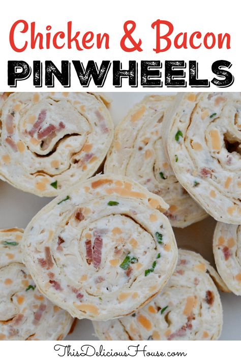 The ultimate make-ahead party appetizer, Chicken Bacon Ranch Pinwheels are super easy to make and such a crowd pleaser. Rotisserie chicken, cream cheese, bacon, cheddar, and ranch seasoning all rolled into a flatbread or tortilla. #pinwheelappetzier #superbowlpartyfood Low Carb Chicken Bacon Ranch Pinwheels, Cracked Chicken Pinwheels, Southwest Chicken Pinwheels, Party Pinwheels Recipe, Chicken Cream Cheese Bacon, Chicken Salad Pinwheels, Rotisserie Chicken Cream Cheese, Chicken Bacon Ranch Pinwheels, Bacon Ranch Pinwheels