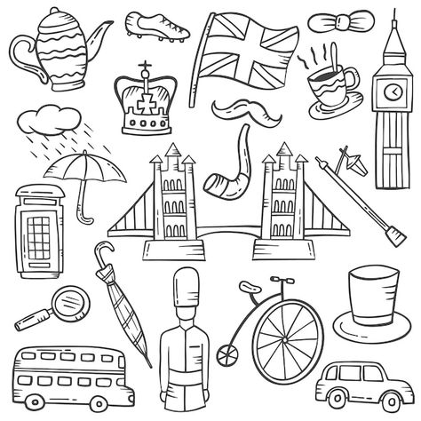 London Drawing Easy, English Doodles, Bus Doodle, London Doodles, English Symbols, England Drawing, Travel Doodle, Ivan Cruz, London Drawing