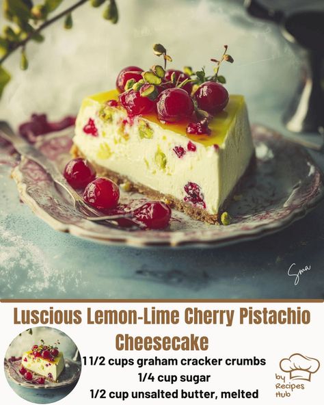 Luscious Lemon-Lime Cherry Pistachio Cheesecake Sweet Cherry Pie Filling, Pistachio Cheesecake Recipe, Cherry Pistachio, Cheesecake Fruit Salad, Sweet Cherry Pie, Pistachio Cheesecake, Mexican Casserole Recipe, Chocolate Poke Cake, Cherry Cheesecake