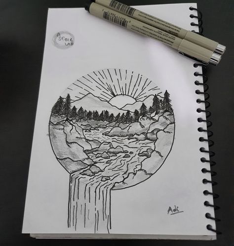 Circle Landscape Sketch Ink Landscape, Nature Sketch, 100 Days, Sketch, Drawings, Nature