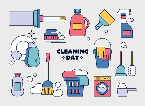 Cleaning Illustration Art, Cleaning Tools Drawing, Cleaning Doodles, Kitchen Tools Drawing, Digital Widgets, Cleaning Illustration, Utensils Drawing, Clean Illustration, Cleaning Drawing