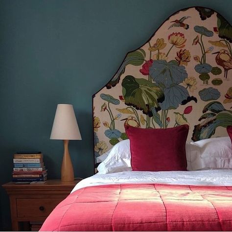 GP & J Baker on Instagram: “GP&J Baker's iconic 'Nympheus' print looks superb on this upholstered headboard against a backdrop of strong, teal blue #regram Thank you…” Teal Headboard, Large Headboard, Headboard Cover, Bedroom Headboard, Maximalism, Main Bedroom, Toddler Room, Teen Bedroom, Velvet Cushions